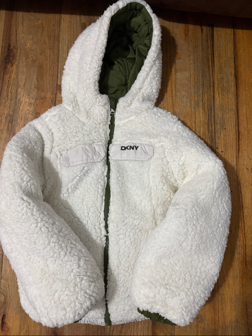 DKNY White Sherpa Hooded Jacket with Olive Quilted Lining